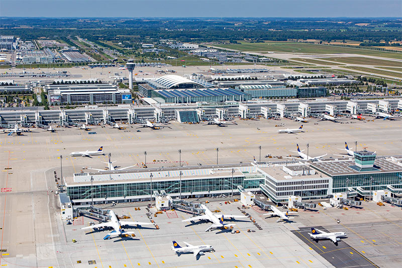 Aerial view of Munich Airport, Terminal 2 and the satellite terminal