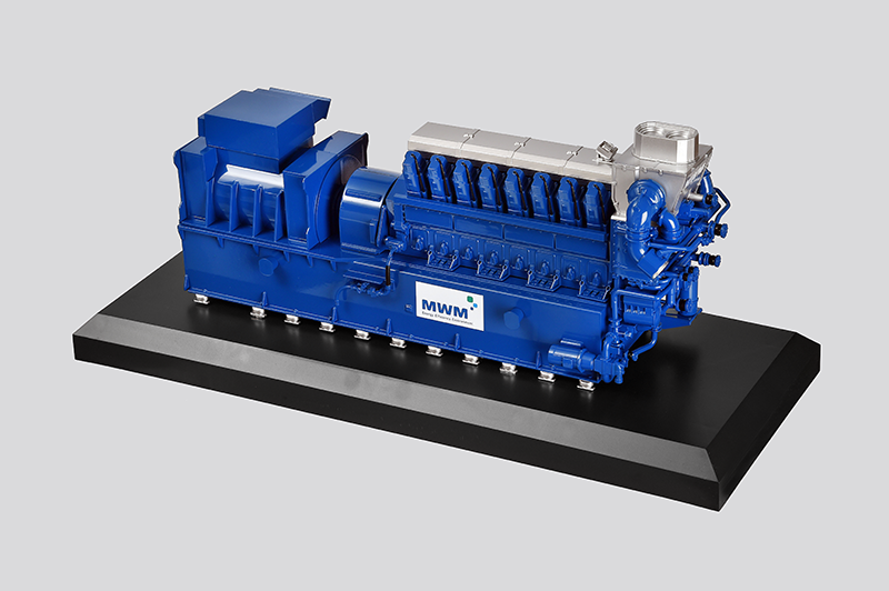 Der detailgetreue Nachbau des MWM im Gasmotors TCG 2032 V16 im Maßstab 1:25.