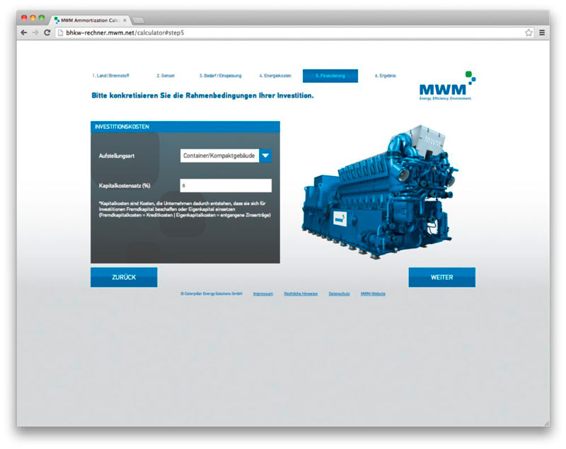 MWM amortization calculator – input mask for CHP installation type and capital costs