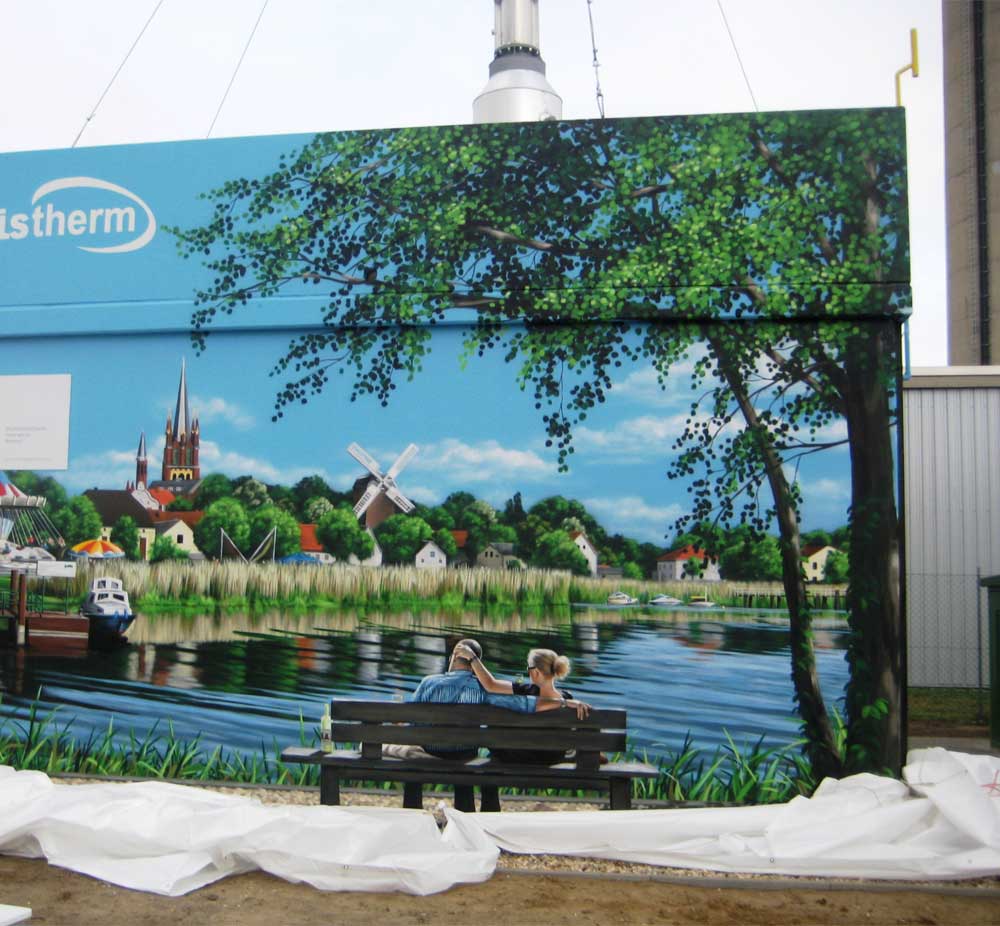 Biomethane CHP plant decorated with the shoreline scenery of the Havel river