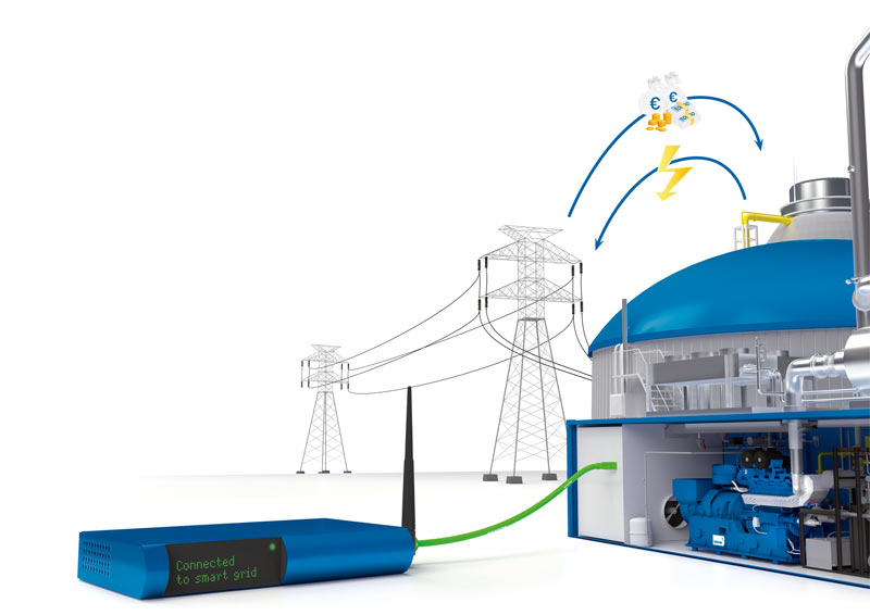 Virtual power plant: A decentralized MWM power plant is connected to a direct marketer via a communication box (Smart Grid).