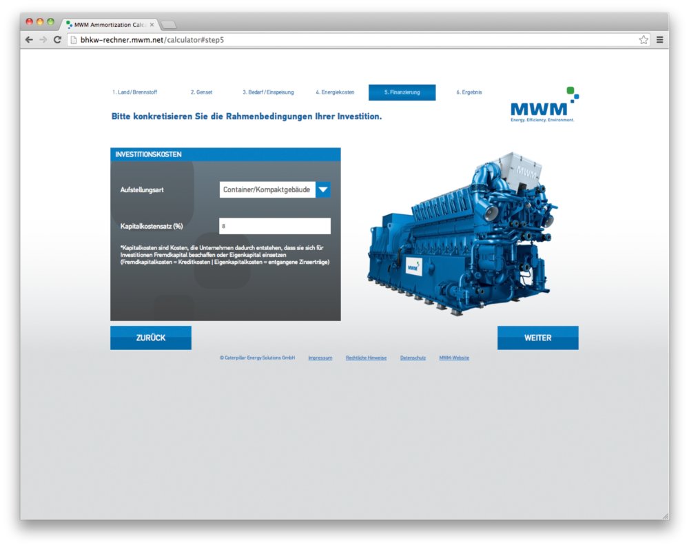 MWM Amortisationsrechner – Angaben zur Aufstellungsart des BHKW und zu Kapitalkosten der Investition