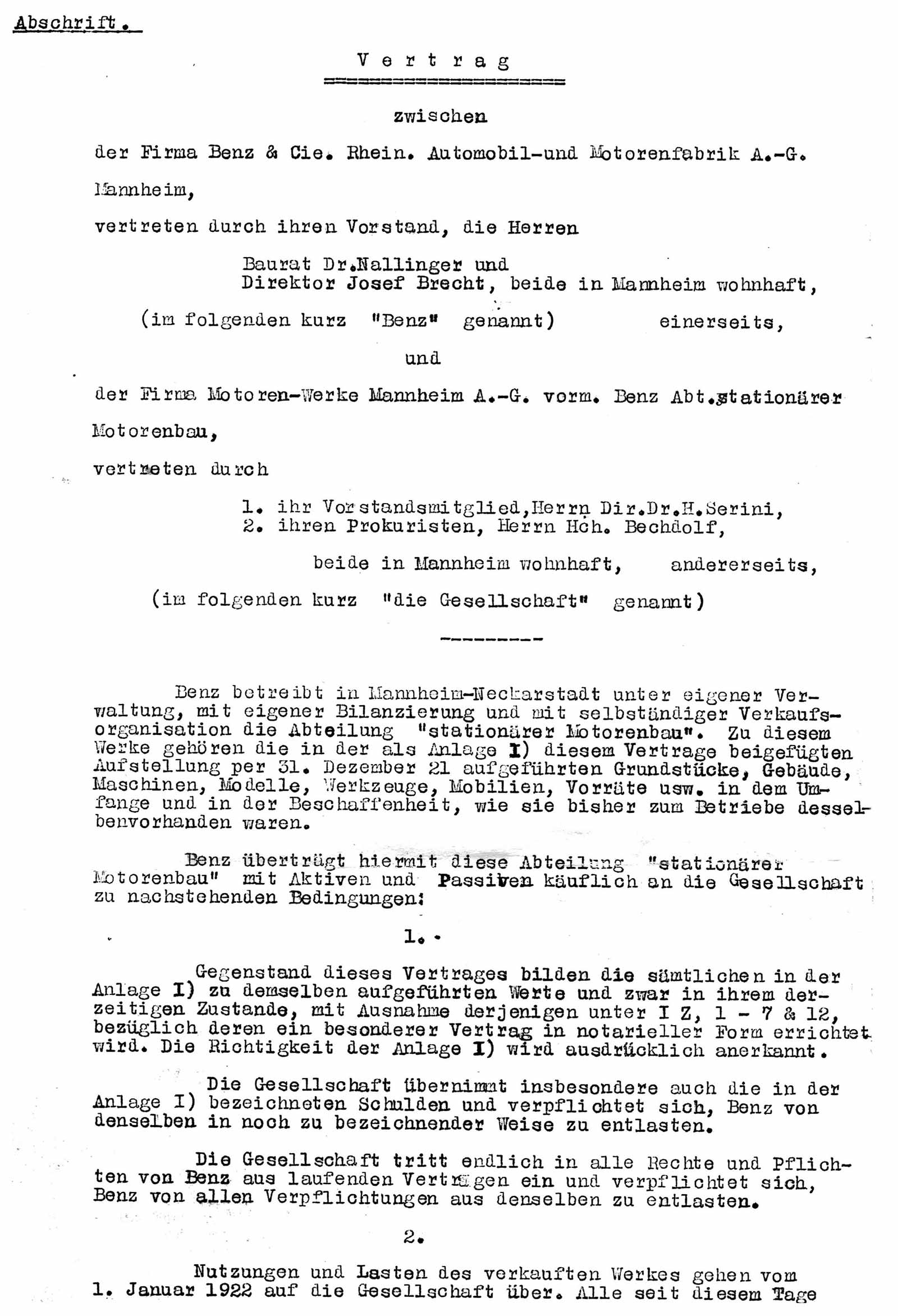 Auszug aus der Vertragsabschrift vom 22.04.1922 bezüglich Benz & Cie. und MWM AG