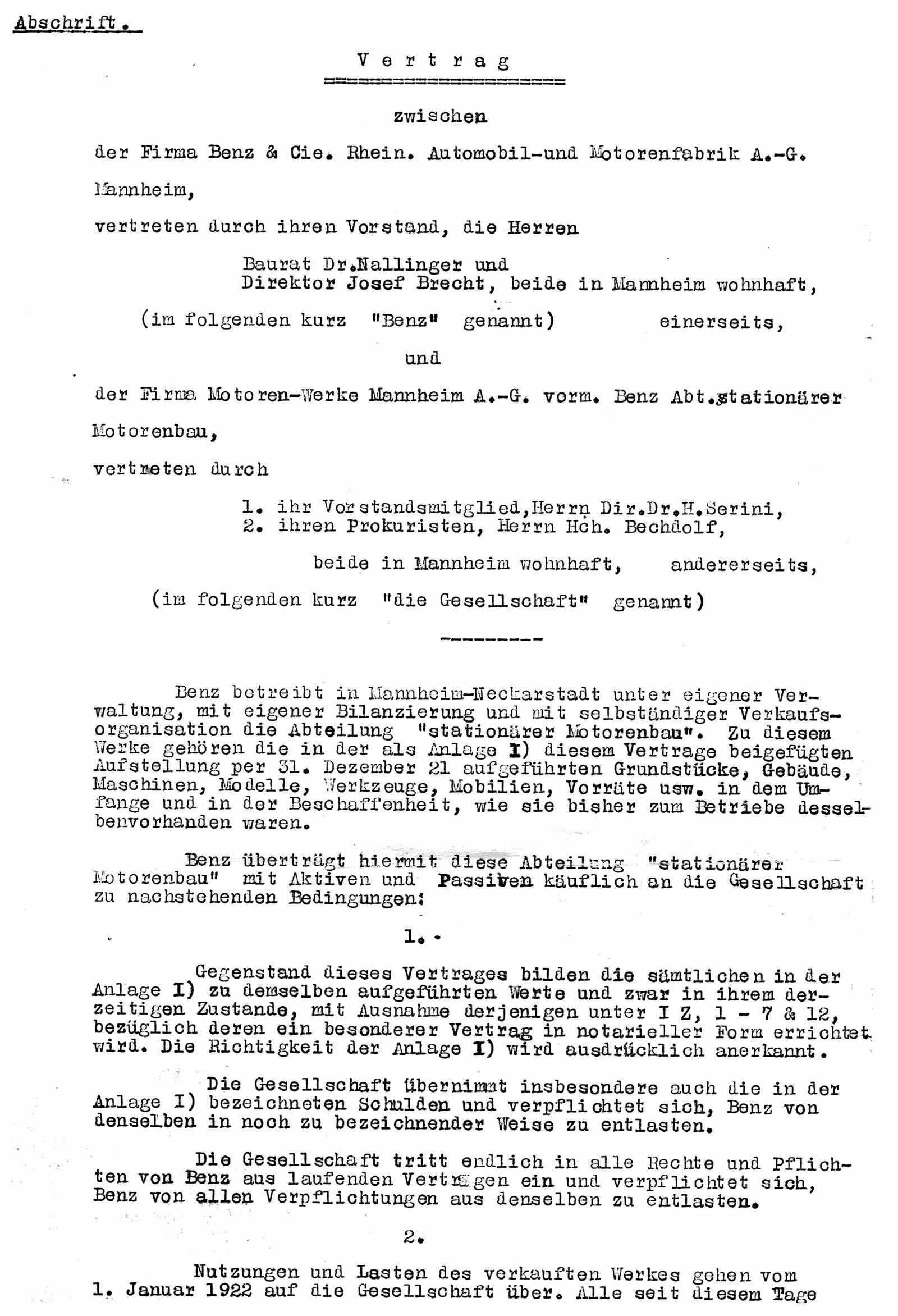 Excerpt from the contract copy dated April 22, 1922 regarding Benz & Cie. and MWM AG