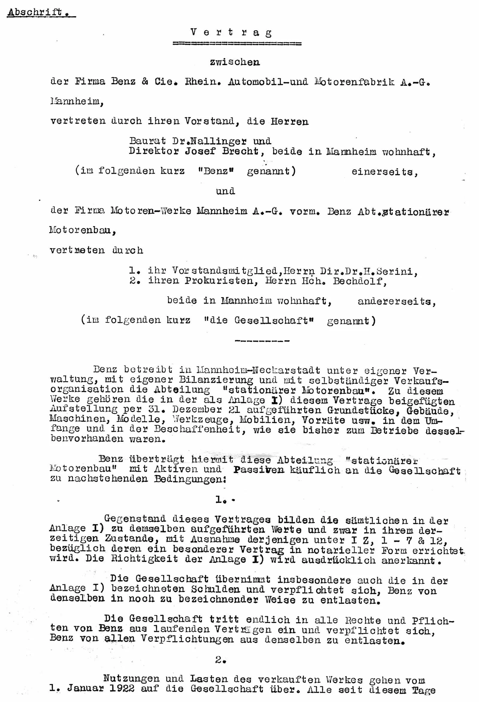 Excerpt from the contract copy dated April 22, 1922 regarding Benz & Cie. and MWM AG