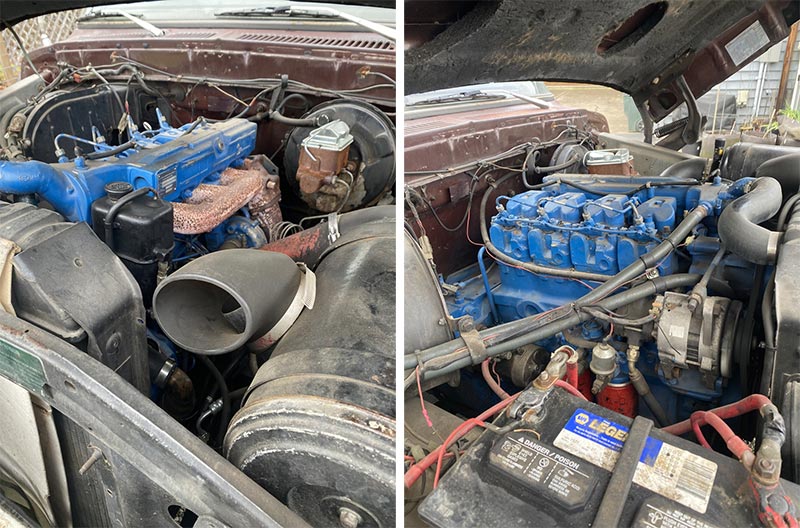 Engine compartment of the Ford F-250 pickup truck equipped with an MWM TD 226B-4 diesel engine without fan blades