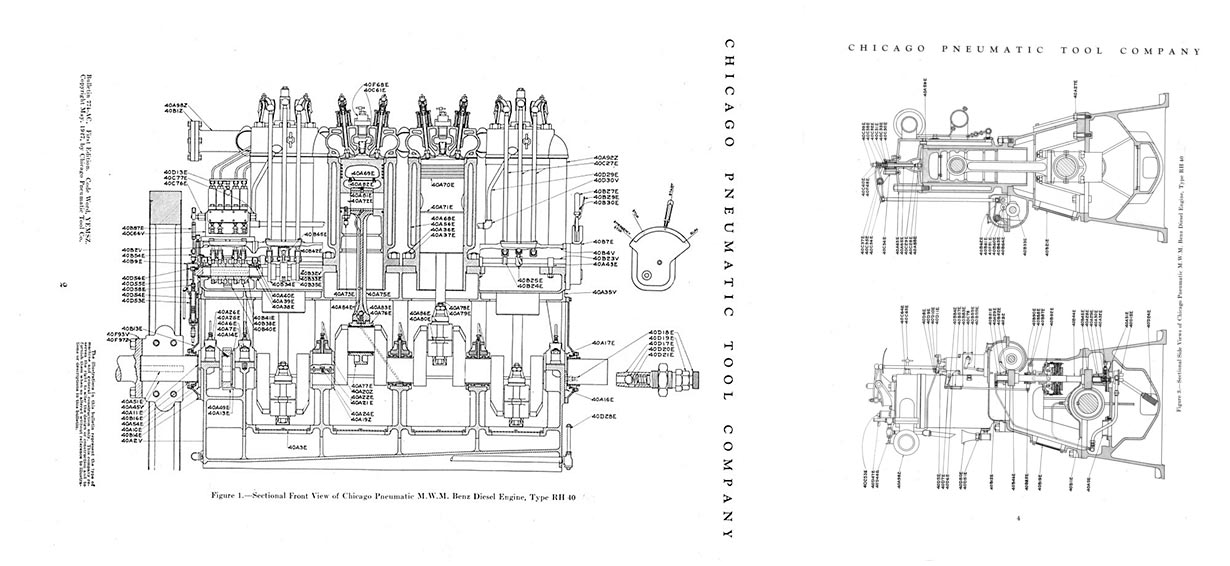 Schnittzeichnungen (Chicago Pneumatics) des MWM Benz Dieselmotors RH 40 V