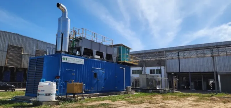 The MWM TCG 2020 V16 gas engine at the Uthai Rung As a containerized cogeneration power plant, the MWM TCG 2020 V16 gas engine at the Uthai Rung Co., Ltd. in Uthai Thani Province site generates power for the factory's food processing in island-mode operation. © GPI Energy (Thailand) Ltd.