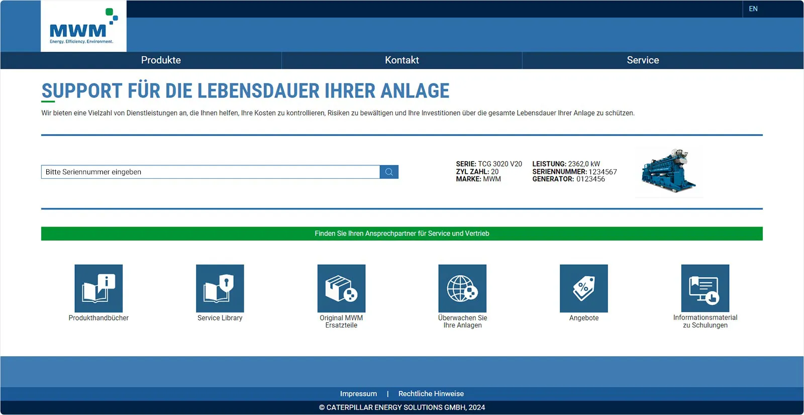 Oberfläche der Plattform mit dem Serviceangebot für MWM Produkte